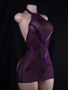 DOMIRA Adjustable Straps Teddy Bodysuit With Sheer Mesh Panels, Sexy & Flattering Cut, S-3XL - 紫色 - 查看 6