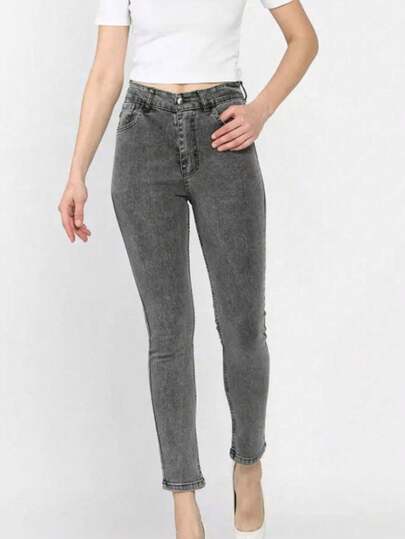 High Waist Women's Jeans, Contrast Button Zipper Pockets, Casual