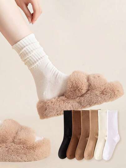 Stacked Socks, Mid Length Socks, Solid Color, Vertical Stripes, Thin Design, Sporty Style, Breathable Long Socks, Spring And Summer 1pair/5pairs