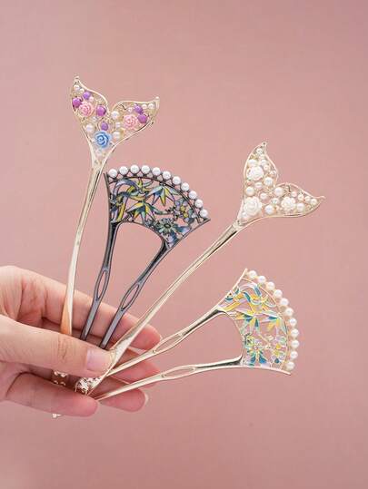 1pc Retro Plum, Orchid, Bamboo, Chrysanthemum Hairpin, U-Shaped Hair Clip, Mermaid Tail Hair Accessory, Rose Flower Headpiece, Suitable For Daily Wear, Great Gift, Bun Extension, Hair Styling Pins