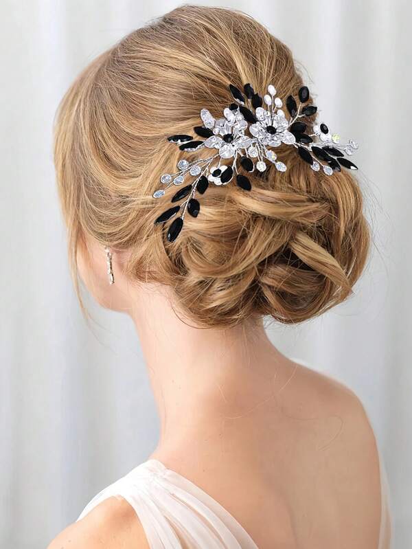 1 Stück eleganter & zarter Blumen- & Strass-Haarschmuck aus Legierung, geeignet für Frauen, Braut, Hochzeit, Party, Abschlussball, Festival Dekoration