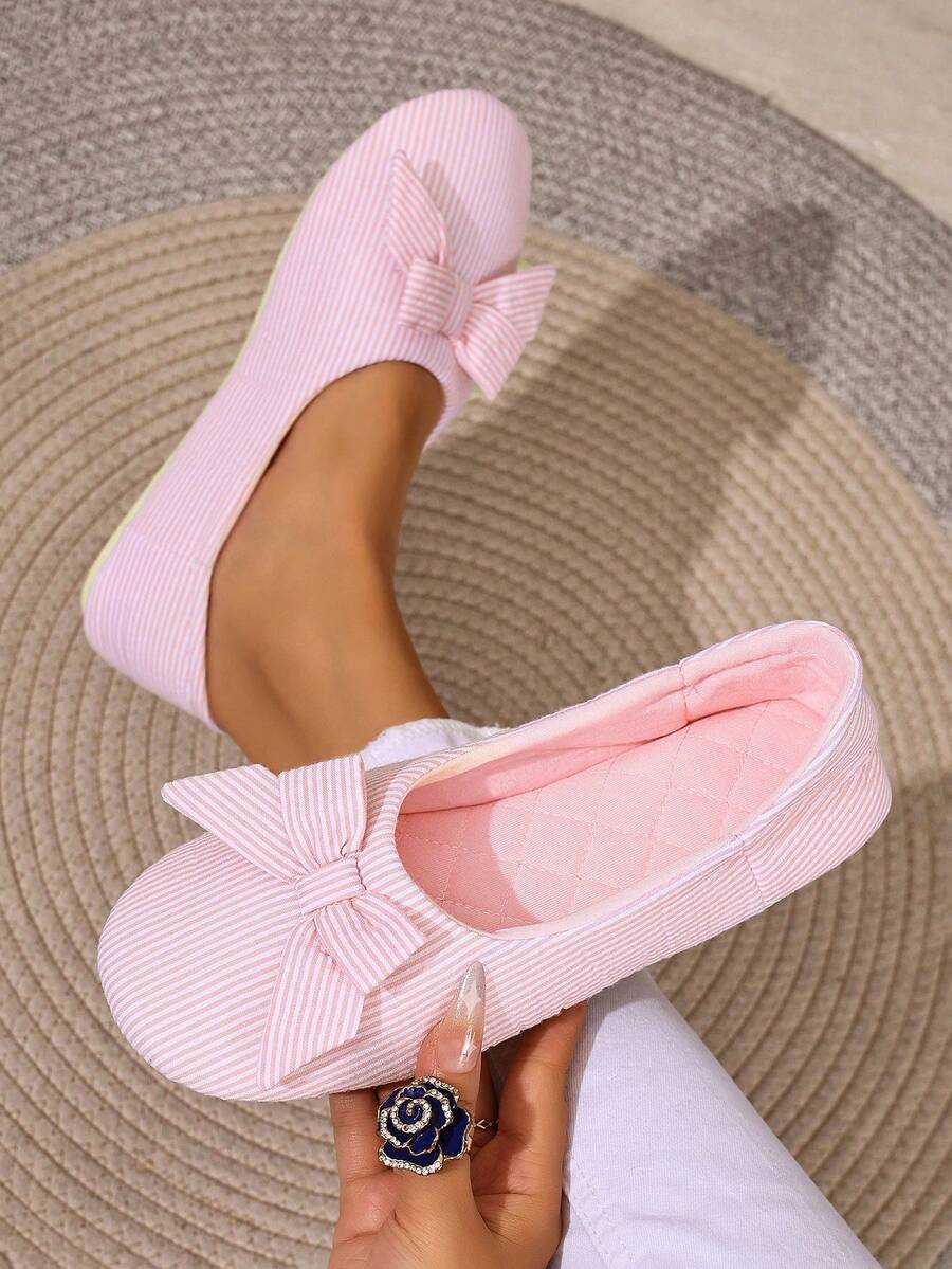 女士蝴蝶结条纹家居拖鞋，透气防滑柔软粉色一脚蹬露背凉鞋 - 淺粉色 - 查看 1