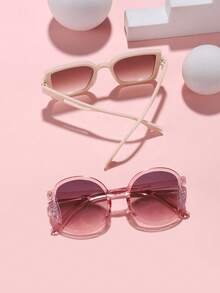 2 piezas Gafas de moda redondas y cuadradas con brillo fino de acrílico para niño y niña de 8 a 14 años, adecuadas para salidas de vacaciones, combinación de ropa y regalos festivos.