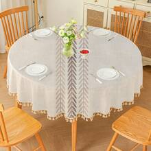 1 件优雅的欧洲田园风格圆形桌布，带叶子刺绣和流苏 - 米色涤纶，非常适合家居装饰、野餐、露营、婚礼、生日派对、节日用餐和小圆桌装饰、感恩节桌布 - 秋葉咖 - 查看 4