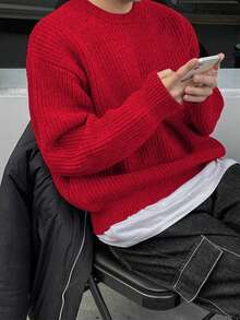 轻盈宽松针织衫，纹理图案，休闲中性设计，适合秋冬季节穿着，长袖上衣 - 玫瑰紅 - 查看 4