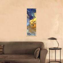 1 pièce Affiches d'art mural avec option de rouleau en bois. Peinture abstraite moderne bleu et or nuage imprimé sur canevas. Style décoratif artistique, thème élégant pour mur. Œuvre d'art à l'encre, convient pour salon, chambre, salle à manger. Impression verticale d'intérieur, imperméable et sans odeur.