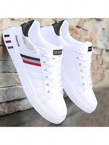 Men's Skateboard Shoes With Striped Design - PU Upper, Breathable Lining Fabric, Fabric Insole, PVC Non-Slip Outsole, Round Toe, Suitable For Casual Outdoor Wear In Autumn, Spring, Summer And Winter - Black and White - View 8