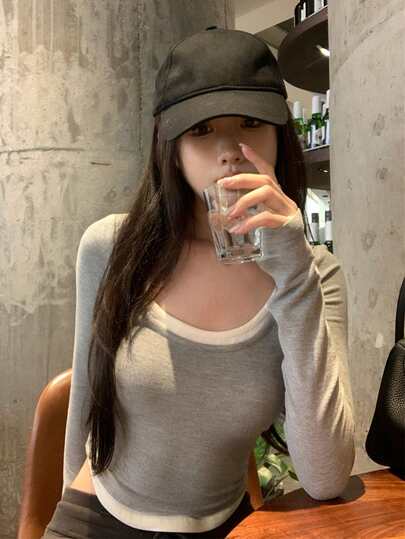 女士休闲百搭纯色二合一短款上衣