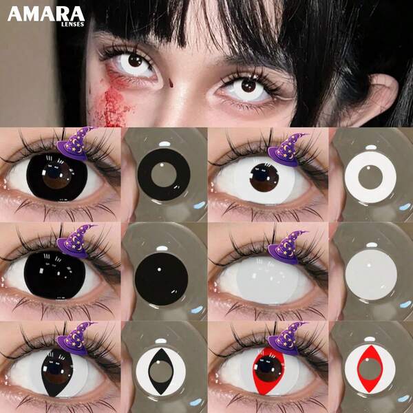 Lentes de contato coloridas de Halloween AMARA para cosplay, lentes brancas de anime, lentes para olhos vermelhos, pupilas pretas bonitas