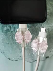 2pcs Pink Bowknot Universal Lightning (5-14) Type-C Cable Protector - , Shockproof, Fashionable Phone Accessory Design - Plastic Cable Protector With Cute Bowknot Decoration, Charging Cable Protector