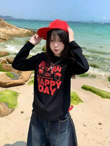 秋冬新款小码女式长袖 T 恤，趣味图案印花俏皮女孩休闲圆领上衣 - 黑色 - 查看 5