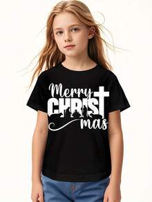 Kids' Christian Christmas T-Shirt With Merry Christ Mas Lettering & Jesus Cross Design - Soft Cotton Short Sleeve Round Neck Casual Church Outfit, Comfortable Holiday Apparel For & Girls, Easter & Christmas Celebration, Geometric Pattern With Nativity Scene (Sheep, Donkey, Lamb) - Easy-Care Hand Washable, Spring/Summer/Fall Wear, Festive Family Matching Outfits Available - Black - View 5