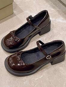 1 Pair Black Retro Strap Mary Jane Shoes, Shiny Leather, Simple & Fashionable, Suitable For Daily Wear As Waterproof Platform High Heels - Burgundy - View 8