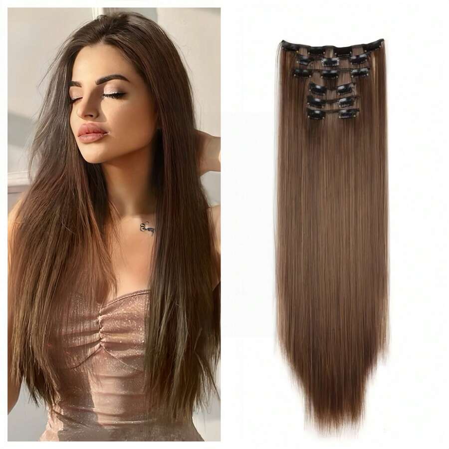 Clip In Hair Extensions Brown Color 24 Inch 6 PCS Set Long Straight Hair Extension Synthetic Hairpieces For Women Girls Daily Use - Chestnut Brown-4M30 - View 1