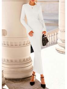 2026 Women's Fall Winter Bell Sleeve Crew Neck Ribbed Knit Bodycon Sweater Maxi Dress - 白色 - 查看 2