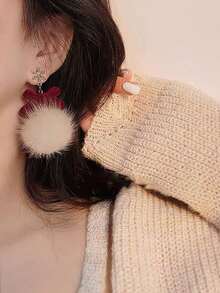 1 Pair Cute & Versatile Christmas Snowflake Pom Pom Bow Earrings, Suitable For Women To Wear On Any Occasion - Red - View 2