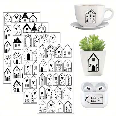 4张圣诞小屋主题卡通乙烯基贴纸，自粘式，带闪光，混合颜色不规则形状，哑光表面，适用于DIY家具、玻璃、玻璃器皿、瓶子、工艺品，是圣诞装饰的理想之选，一次性使用