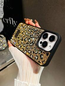 Luxury Leopard Print Fashion Rhinestone Inlaid Shiny Gold Soft Touch Full Coverage Protective Phone Case 1pc Compatible With IPhone 17 Pro Max Anniversary Gift - Gold - View 3