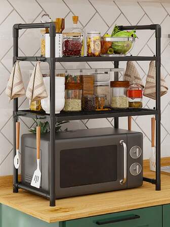 1 pieza Estante para horno microondas, Estante de 1/2 nivel para horno microondas, Organizador de encimera de cocina, Estante de almacenamiento de utensilios y vajilla, Estante para horno microondas con 4/8 ganchos