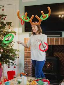 1 set Juego de lanzamiento de aros con astas de reno inflables - Para fiestas de Navidad, Año Nuevo, decoraciones de fiesta de cumpleaños - Material de PVC - Ideal para celebraciones y juegos festivos - Multicolor - Ver 6