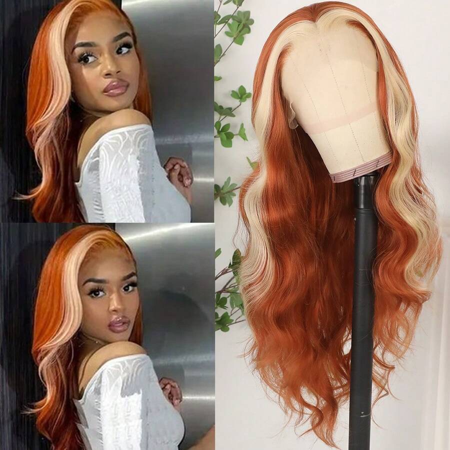 13X4 Free Part Black Green Highlights Body Wave Lace Front Wigs Pre Plucked Soft Long Wavy Hair Wigs Heat Resistant Wave Wigs Glueless Christmas Wig Long Wavy Synthetic Lace Front Wigs For Women Perfect For Daily Wear & Parties - 挑染金色 - 查看 1