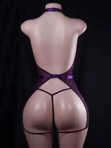 DOMIRA Adjustable Straps Teddy Bodysuit With Sheer Mesh Panels, Sexy & Flattering Cut, S-3XL - 紫色 - 查看 5