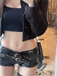 Y2K Retro Nightclub Shorts: Women's Low-Rise PU Leather Booty Shorts | Edgy Bodycon Hot Pants For Clubbing Outfits - 黑色 - 查看 3