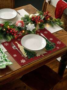 2 piezas Juego de manteles individuales con diseños de árboles de Navidad, copos de nieve y motivos invernales, de 12x18 pulgadas, manteles navideños rojos con árboles de Navidad, manteles de lino rosa y dorado con diseños festivos de Navidad y Año Nuevo para decorar la mesa del hogar, restaurante o cocina en celebraciones familiares y fiestas