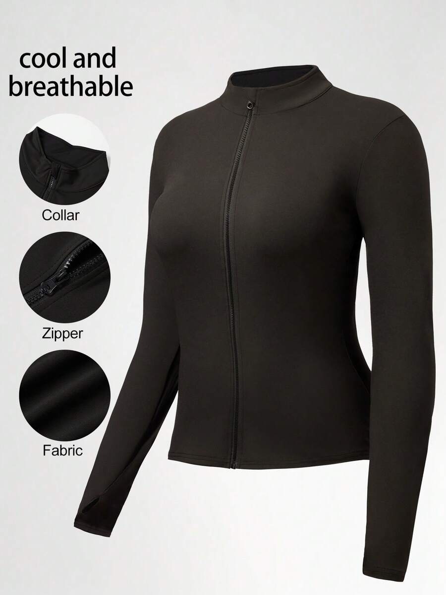 Plus Size Women Fitness Sports Yoga Jacket, Suitable For Workout, Yoga, Jogging, Outdoor - Black - View 1