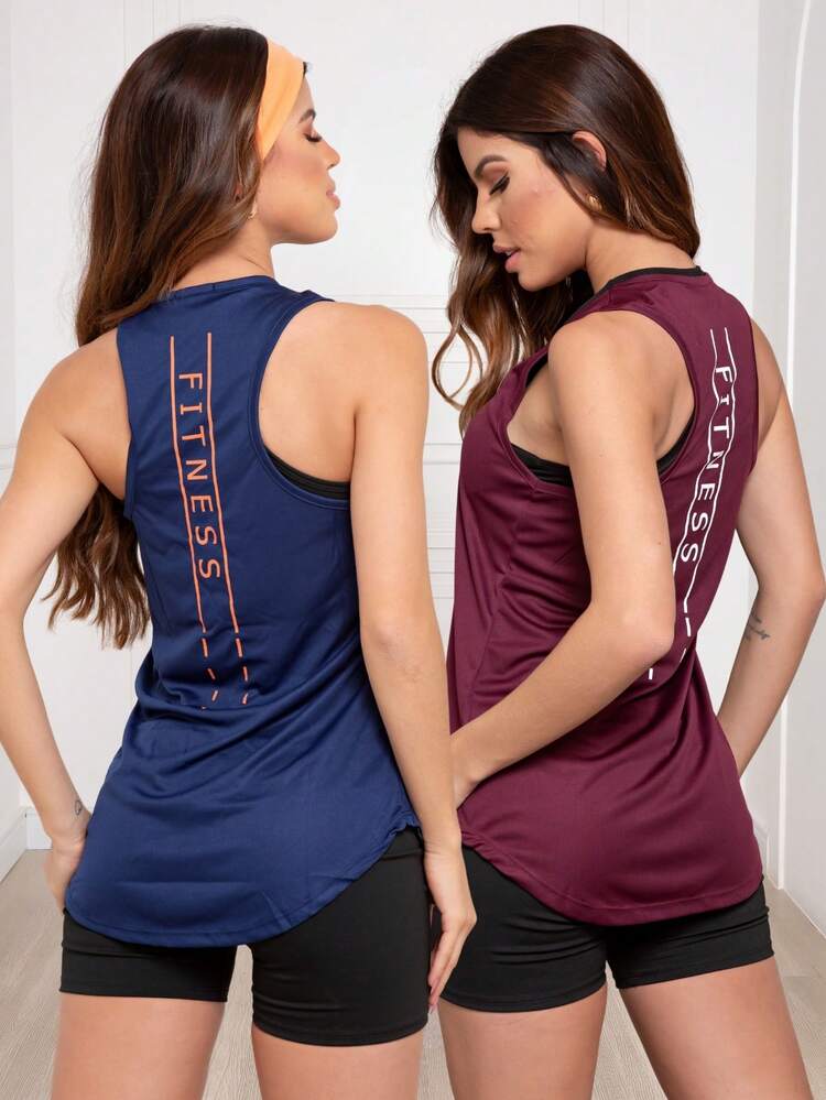 Kit 2 Regatas Feminina Dry Fit Estampada Academia Esportiva Fitness - Marinho e Vinho - Visão 1