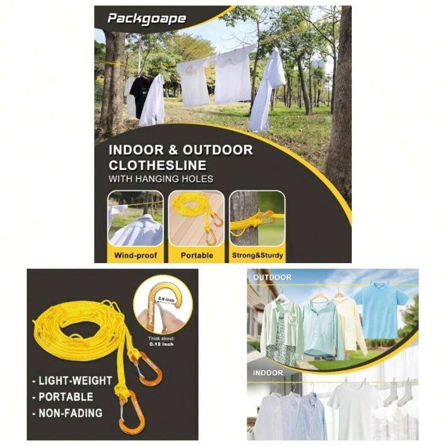 Portable Travel Clothesline, Windproof Clothes Laundry Line With Clothespins Hang Holes, Indoor Outdoor Clothes Drying Rope Hotel, Backyard, Cruise , Camping Yellow, 12.5 Ft