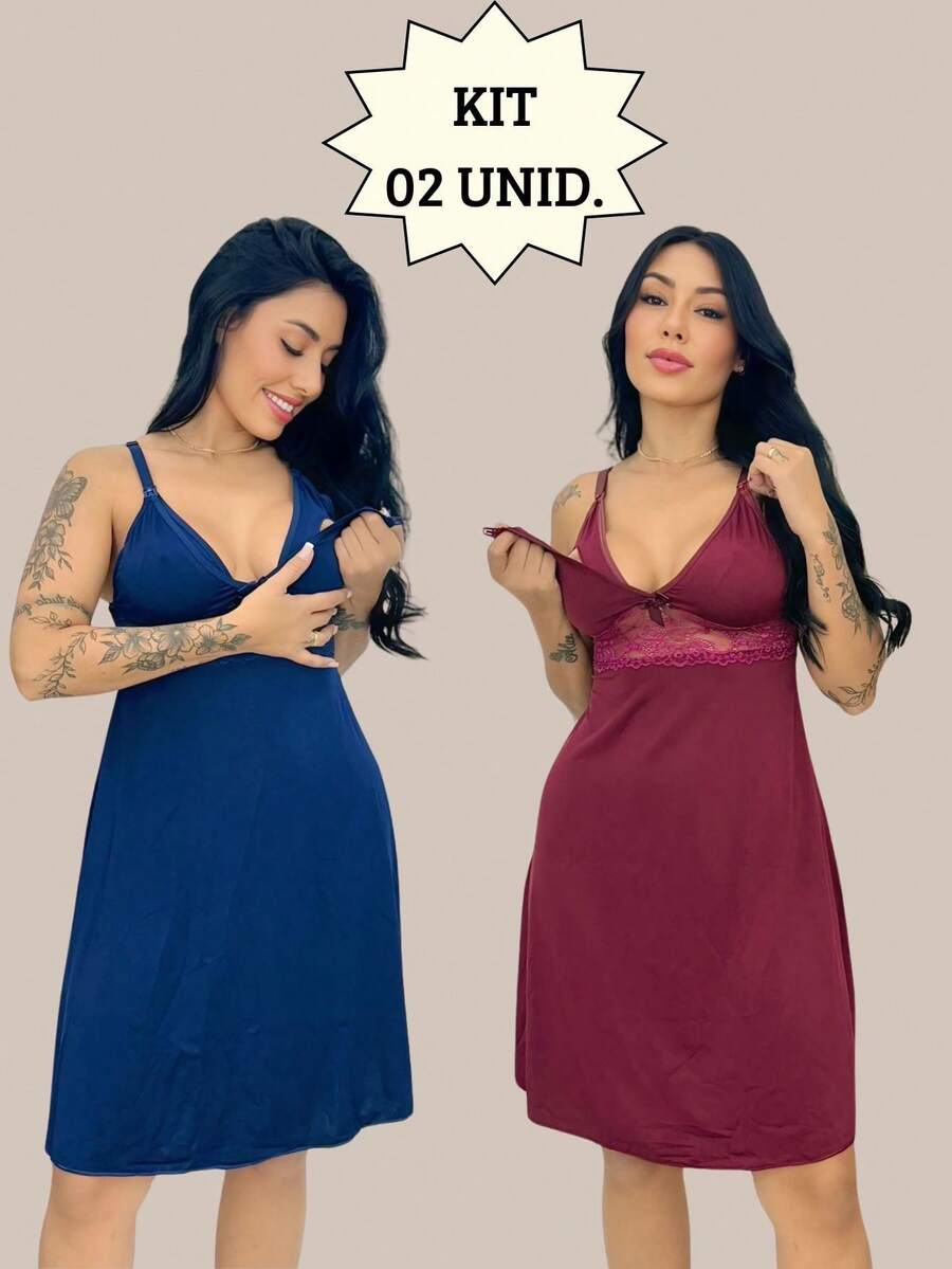 Kit 02 Camisolas Amamentação Pós Parto Detalhes Em Renda Saída Maternidade Gestante. AZUL MARINHO E VINHO. - Multicolorido - Visão 1