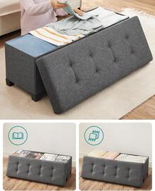 SONGMICS Puff Almancenaje, Banco Almacenaje, 38 x 110 x 40 cm, Taburete con Reposapiés, para Salón, Dormitorio, Gris Oscuro MLSF018G01 - negro - Ver 6