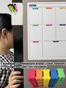 可擦除每周计划本，可擦拭磁性冰箱贴，带可擦除红蓝黑色水彩笔，热擦除白板 - 可重复使用的厨房和餐厅备忘板磁性公告板冰箱贴贴纸白板用于书写提醒每周计划备忘录日历，学校家庭厨房和办公室装饰，日常生活用品完美的返校季礼物