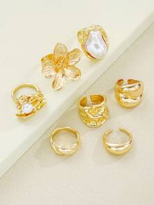 7pcs/6pcs Set Vintage Casual Exquisite Bohemian Style Asymmetrical Faux Pearl Ruffle Floral Line Design Women Metal Ring Set, Suitable For Women's Daily, Vacation, Party, Date Wear, Stackable, Versatile For All Seasons, Holiday Gift