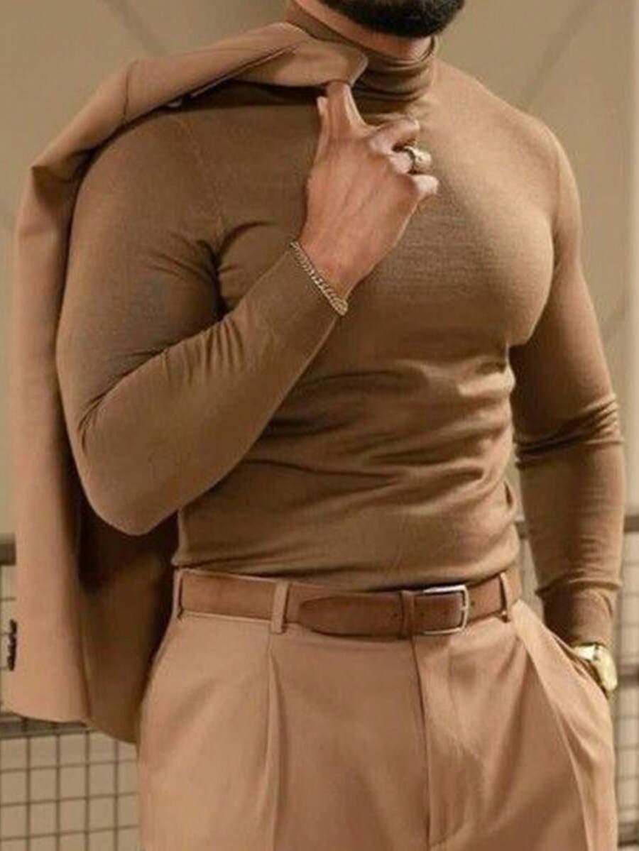 Men's Solid Color Long Sleeve Slim Fit Casual Turtleneck Sweater, Autumn/Winter - Camel - View 1