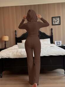 两件套女士连帽拉链长袖露脐上衣和喇叭裤家居服套装，休闲睡衣，适合户外穿着，秋冬季舒适保暖，秋季服装 - 棕色 - 查看 4