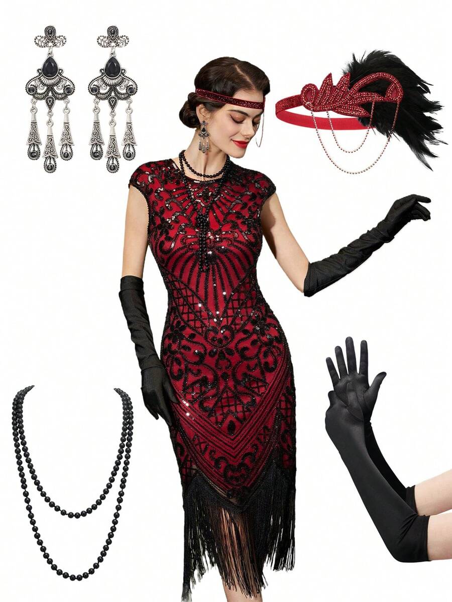 YESSA 1920s Flapper Dresses For Women Great Gatsby Dress Roaring 20s Costumes Sequin Harlem Nights Dress With 20s Accessories