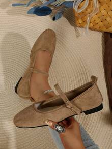 Zapatos planos cómodos de suela suave y diseño de hebilla retro para mujer, bailarinas, zapatos tipo Mary Jane - Caqui - Ver 6