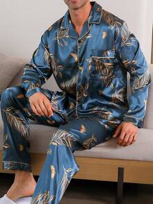 2pcs/Set Men's Floral Print Pajama Set, Long Sleeve Shirt & Long Pants, Loose Fit Sleepwear, Suitable For Spring, Summer, Autumn & Winter - 彩色 - 查看 4