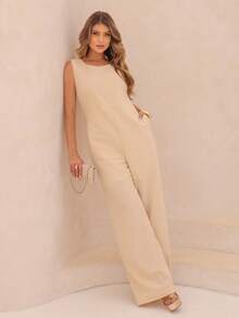 Elegant Linen Pantaloon Jumpsuit Wide Legs And Discreet Pockets - Cream - View 3