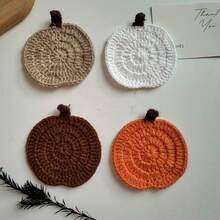4-Piece Handmade Crochet Pumpkin Coaster Set, Autumn Water Absorbing Beverage Coaster, Made Of High-Quality Polyester Fiber, Color (Brown/Beige/Yellow/White), Protecting Desktop, Halloween And Thanksgiving Themed Party Decoration, Coffee Cup Accessories, Cup Accessories, Water Cup Accessories, Party Supplies, Halloween Supplies, Halloween, Carnival - White - View 9
