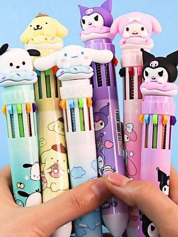 Sanrio 1/6 Stück Sanrio Druckball-Mehrfarben-Kugelschreiber, Cartoon Kawaii Kuromi Mehrfarben-Gelstift, Melody Schreibwaren, süße Stifte zum Schreiben, Schulmaterial (einige Teile können zufällig sein), Weihnachtsgeschenk