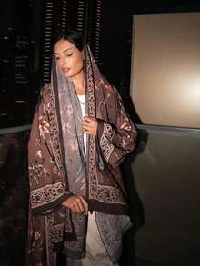 两件套印花开衫长袍，含头巾，中东迪拜风格，春季度假外套 - 棕色 - 查看 5