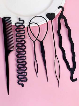  Juego de herramientas de peinado minimalista negro VBOOR de 6/10 piezas, incluye creador de moño invisible, herramienta de trenzado, tenedores de cabello grandes y pequeños, tenedores de cabello con cuentas, adecuado para mujeres y niñas para peinados diarios y de fiesta, herramientas de peinado, kit de peinado