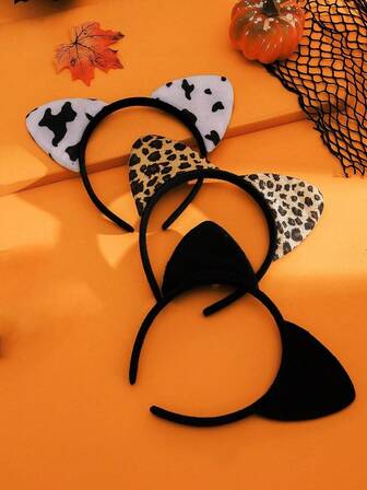 3-Piece Set: Cat Ear Headband, Leopard Print Headband, Leopard Print Cat Ear (Steamed Cat Ear Shaped Bread) Headband, Cartoon Ear Dance Festival Headband, Hair Clip, Princess Headband, Sparkly Earring Bow Headband, Castle, Clock Headband, Suitable For Party Performances, Photo Props, Amusement Park Decoration Headband, Headband, Head Ornament.