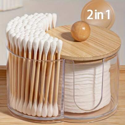 2-In-1 Clear Cotton Swab & Makeup Pad Storage Box Dual-Compartment Bathroom Organizer Natural Wood Lid Design Space-Saving Vanity Organizer Practical Storage Solution