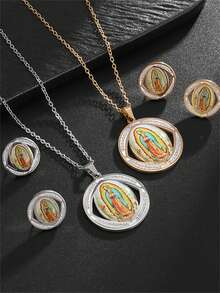 1 Set Vintage Guadalupe Jungfrau Maria Anhänger Halskette & Ohrringe Edelstahl Schmuckset, Glücksbringer Accessoires für den täglichen Gebrauch, Partys, Madras, Weihnachten, Halloween