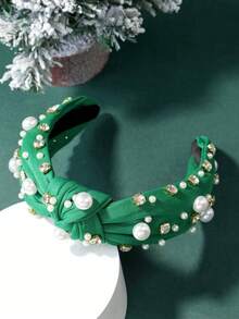 1pc Random Women's Elegant & Fashionable Christmas Vibe Hair Accessory/HeadbanGreen Color Twisted Fabric Headband With Colorful Pearl & Rhinestone Decor, Widened Crown, Suitable For Christmas Party, Hair Band, Hair Hoop