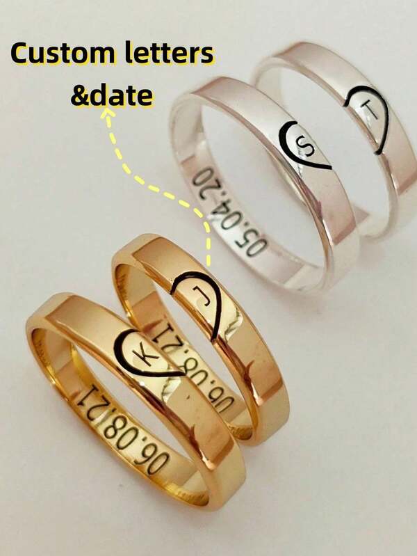 2PCS Personalized Heart Shaped Ring,Matching Ring For Couples,Romantic Double-Sided Engraving Ring,Letter Ring,Stainless Steel Jewelry,Anniversary Love Promise Rings,Wedding Ring,Valentine's Day, Christmas, Halloween Gifts